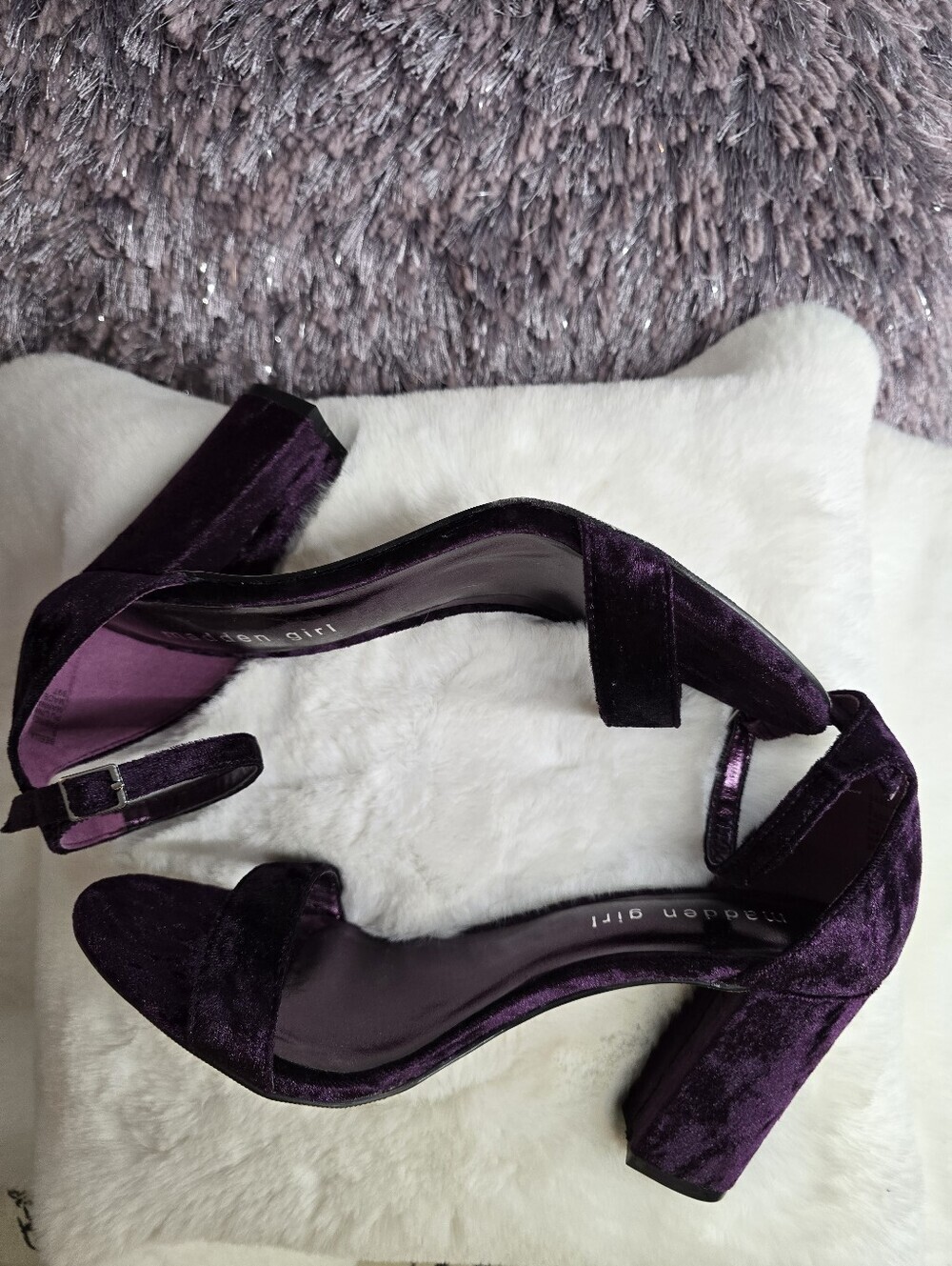 Madden Girl "Beella" Deep Purple Velvet Ankle-Strap Block Heels - Picture 3 of 7